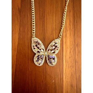 Gold-Tone Butterfly Pendant Necklace – Rhinestone Inlay – Adjustable Chain